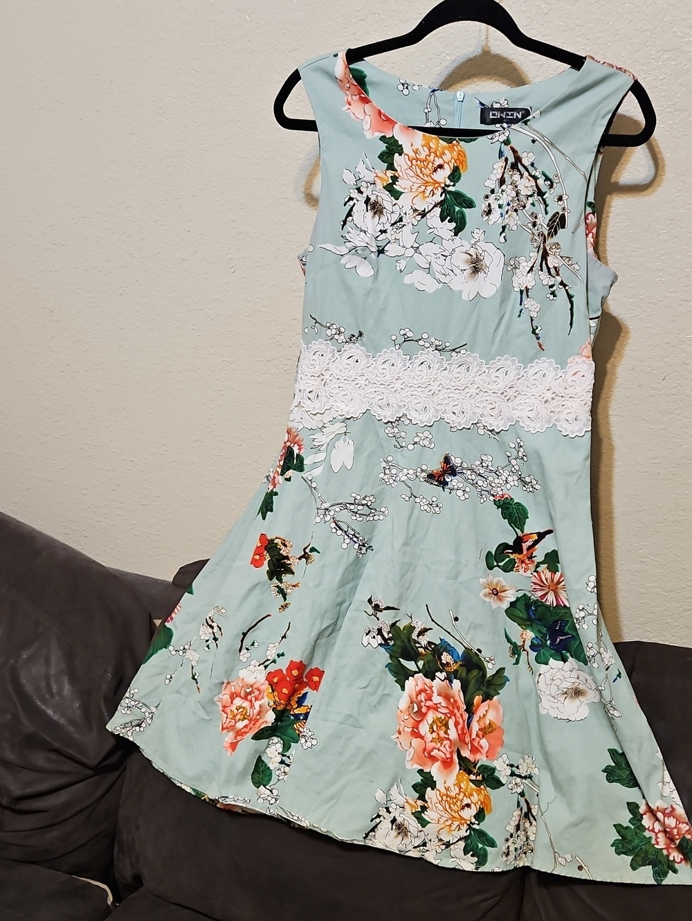 Floral Lace-Waist Mint Midi Dress
